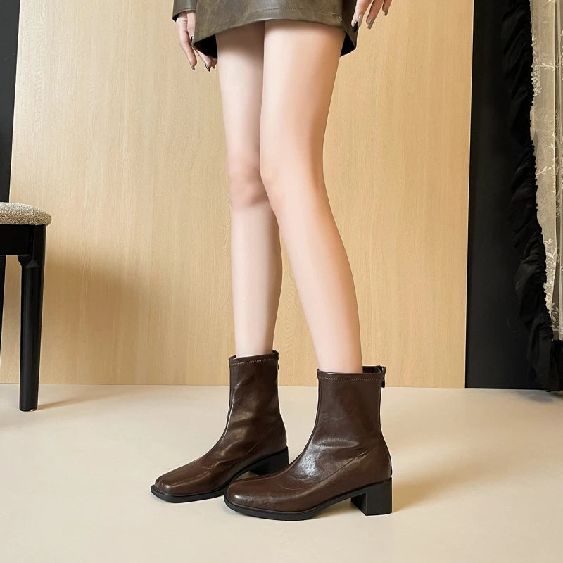 Winter Padded Cotton Shoes Women Plush Soft Leather Long Boot Warm High-heel Fur High Knee Riding Mid-heel Boots Comfortable