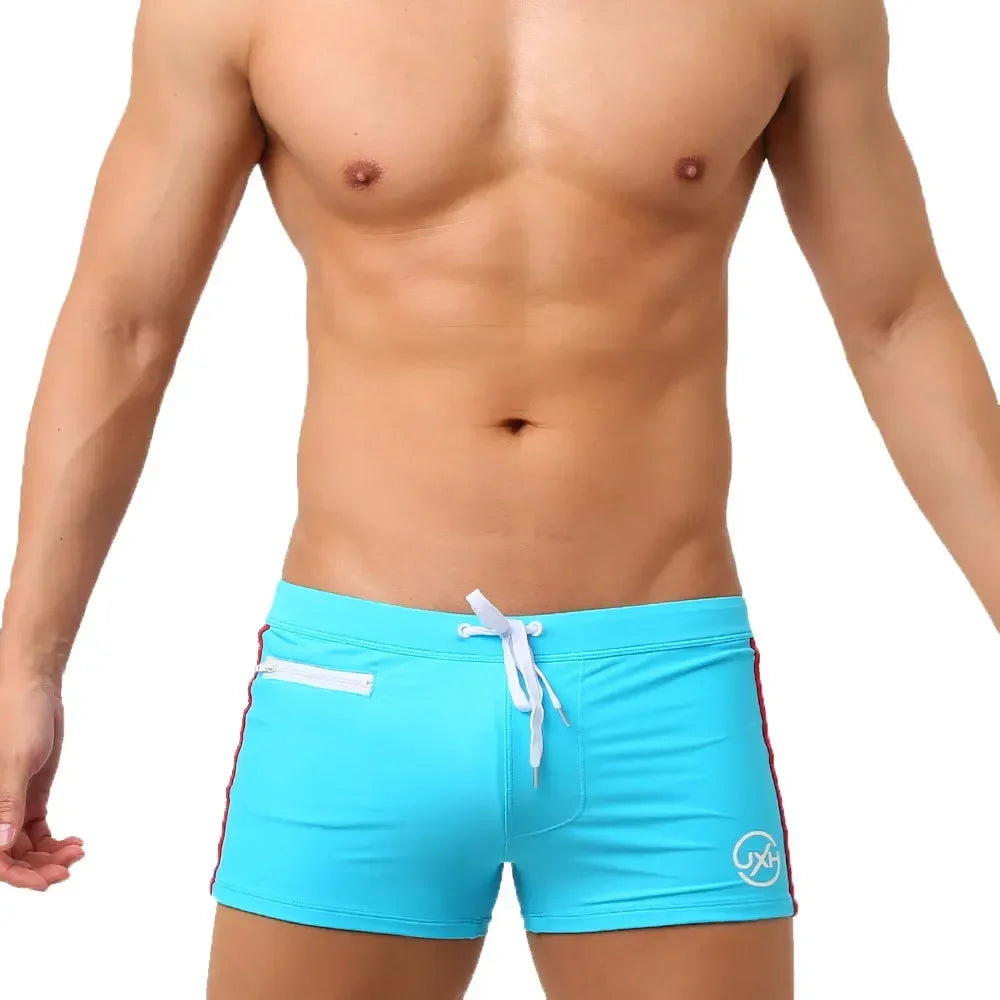 Sexy Swimsuit Beach Quick Drying Trunks Men Swimwear with Zipper Pocket Swimming Boxer Brief Square Leg Bathing Suit Board Short
