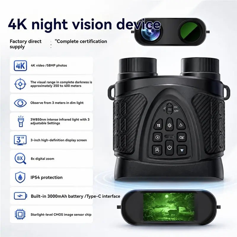 4K Night Vision Binoculars 58MP Digital Infrared Goggles 850nm IR 350M-400M Range F1.0 Lens 8X Zoom 3" Screen Hunting Camera