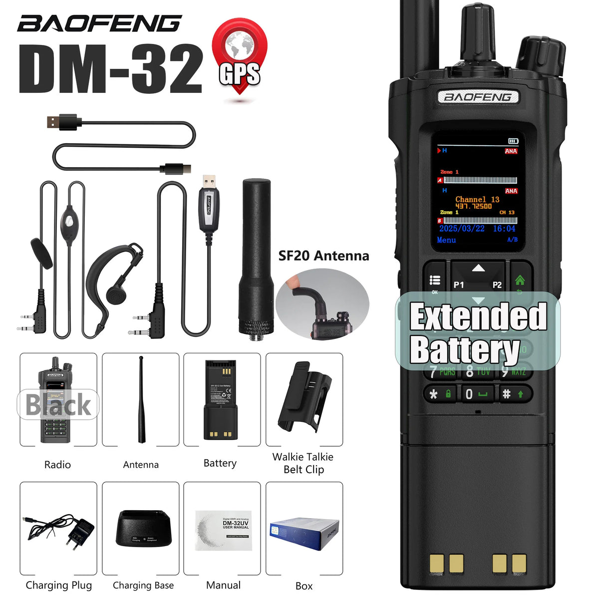 BAOFENG DM-32 DM32 Extended Battery 10W DMR Ham 2 Way Radio GPS Matching Writing Frequency Satellite Positioning USB C Belt Clip