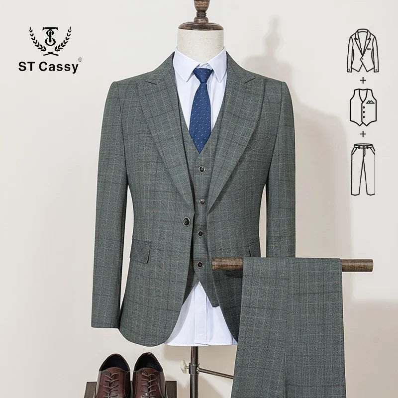 ST Cassy High Quality Khaki Plaid Suit Formal Business Office Men's Suits Fashionable and Casual Evening Gown