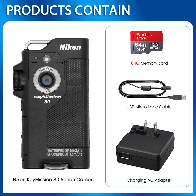 Nikon KeyMission 80 Mini Digital Camera VR stabilization 12MP Portable Dual Camera Outdoor Cycling and Adventure Sports Camera