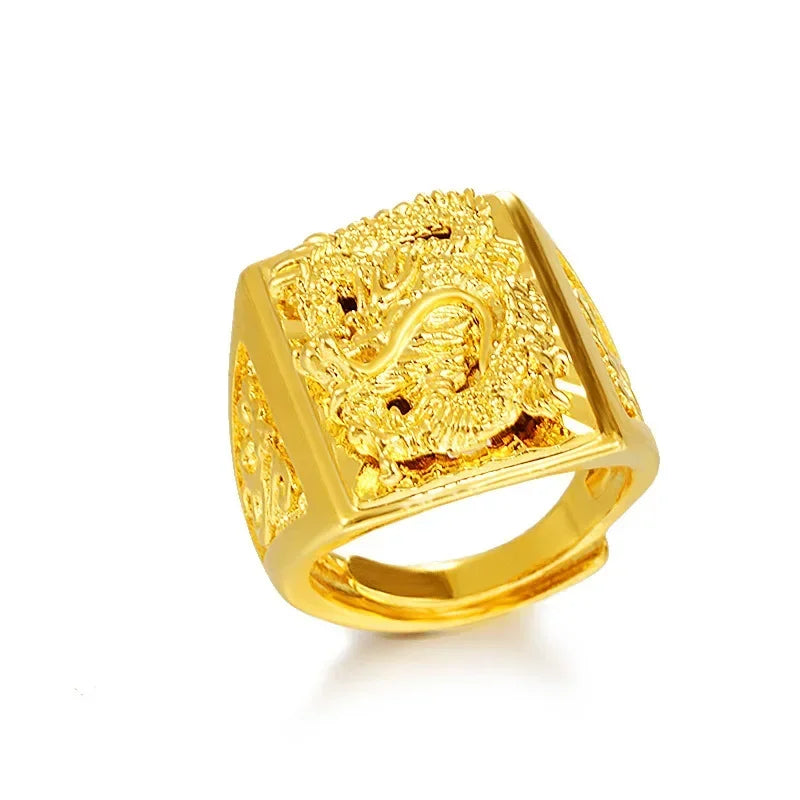 Pure Gold 18 KT Color Ring for Men Bro Luxury Engraving Dragon Adjustable Rings Gentleman Wedding Party Jewelry Gifts