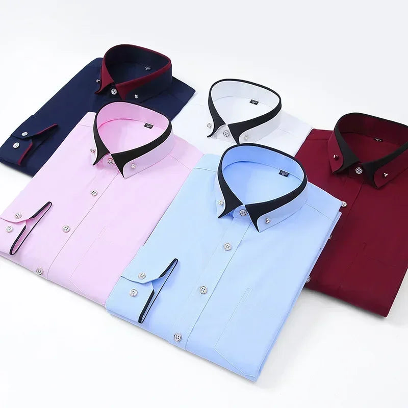 Spring and Autumn New Men's Contrasting Collar Elastic Long Sleeve Shirt Business Casual Comfort No-Iron Shirt Youth Solid Color