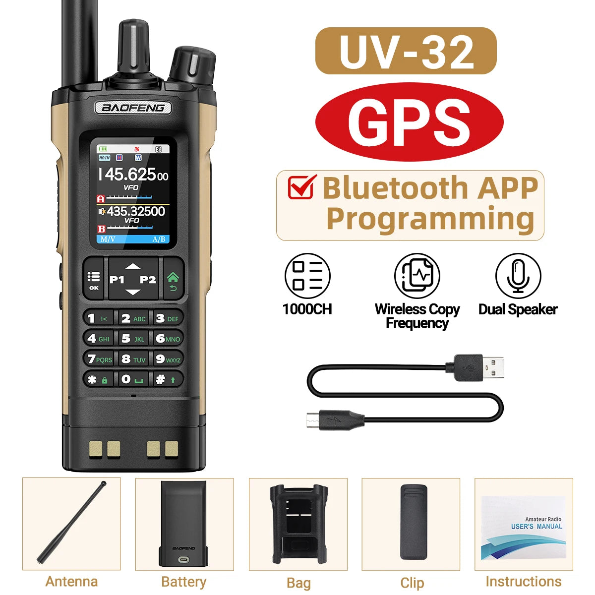 BAOFENG UV-32 GPS Air Band Walkie Talkie Long Range 10W Multi Band Bluetooth Programming Wireless Copy Frequency Two Way Radio