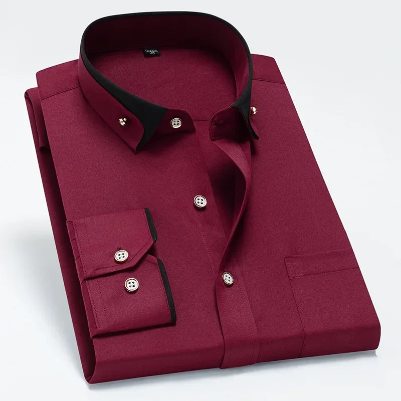 Spring and Autumn New Men's Contrasting Collar Elastic Long Sleeve Shirt Business Casual Comfort No-Iron Shirt Youth Solid Color