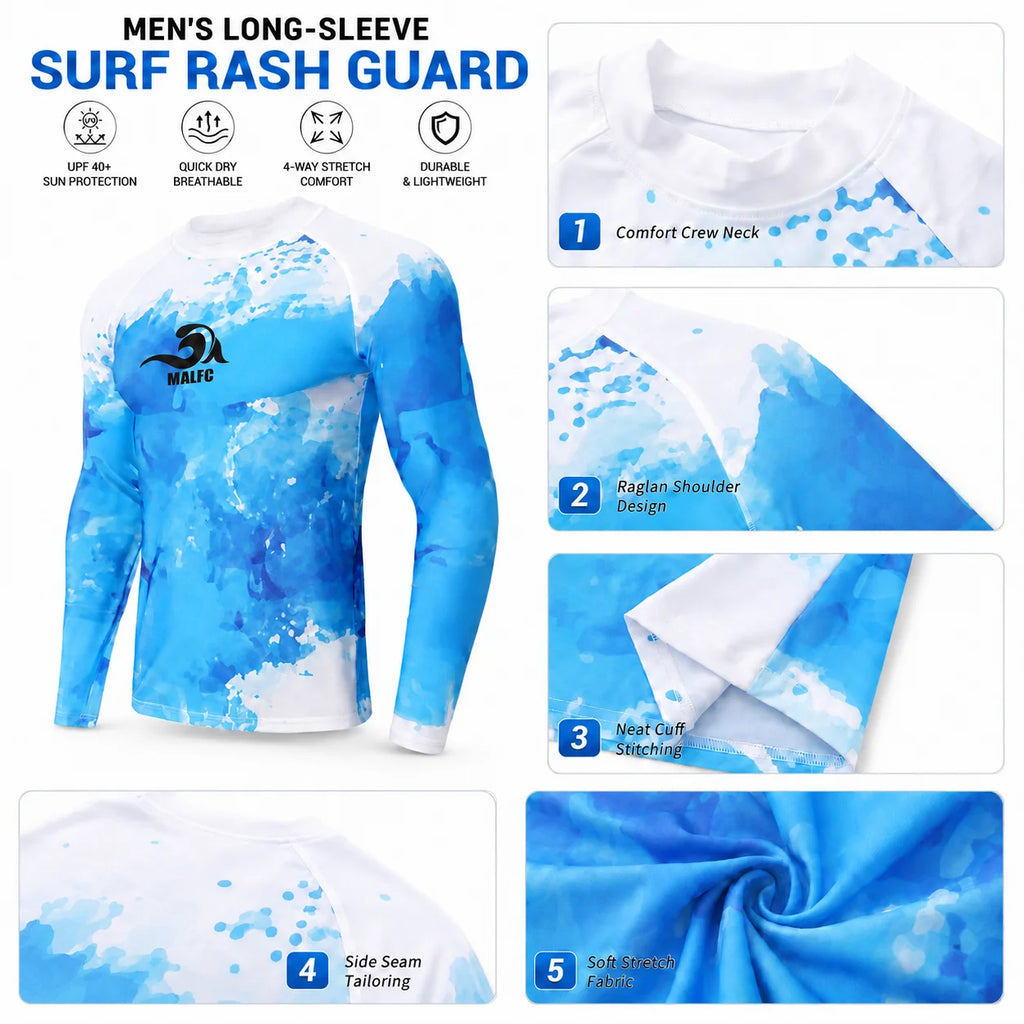 MALFC Long Sleeve T-shirt Swimwear Rash guard for men Surfing Clothes Swimsuit Surf Wear UPF 40 Water Sport