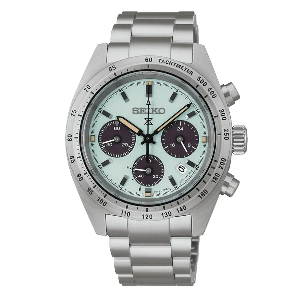 SEIKO SSC965P1 Prospex Men's Solar Chronograph Watch 39mm Mint Green Dial Steel Bracelet 100m Waterproof Sapphire