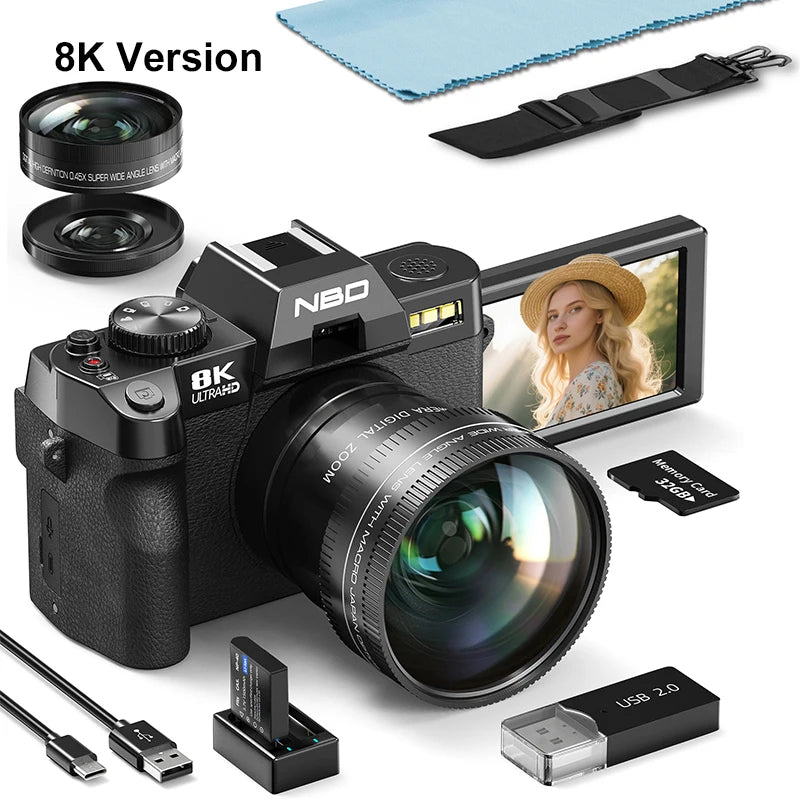 Professional Digital Camera YouTube 64MP&8K with Flip Screen Retro Vlog Recorder Compact Photography Camera for Travel Use