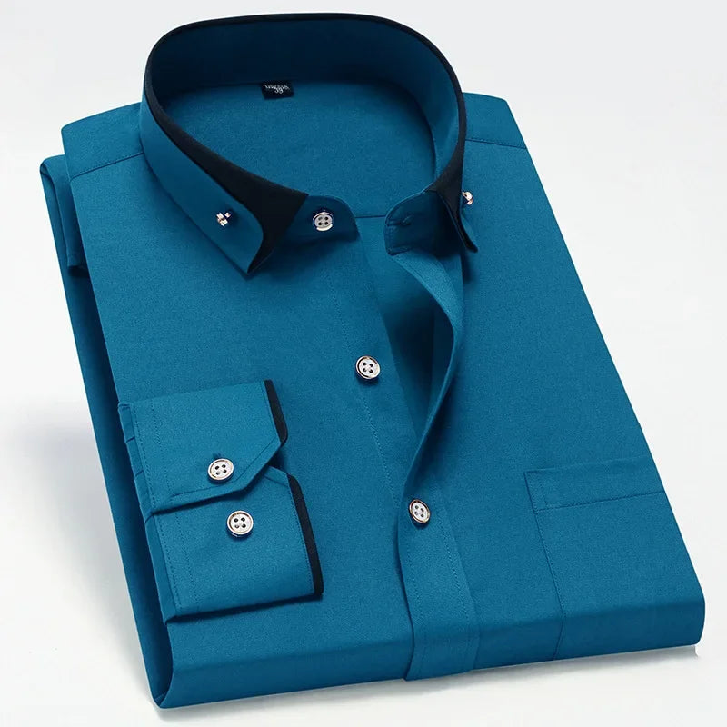 Spring and Autumn New Men's Contrasting Collar Elastic Long Sleeve Shirt Business Casual Comfort No-Iron Shirt Youth Solid Color