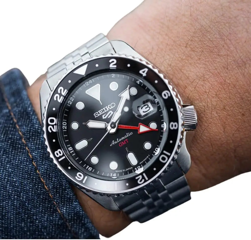 SEIKO 5 Sports SSK001 GMT Automatic Watch 42.5mm Black Dial Two-Tone Bezel Steel Jubilee Bracelet 100M WR LumiBrite 4R34 Caliber