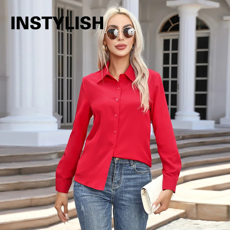 Women Elegant Solid Button Shirt Chiffon Blouse Spring Summer Casual Solid Long Sleeve Turn Down Collar Tunics OL Shirt Tops