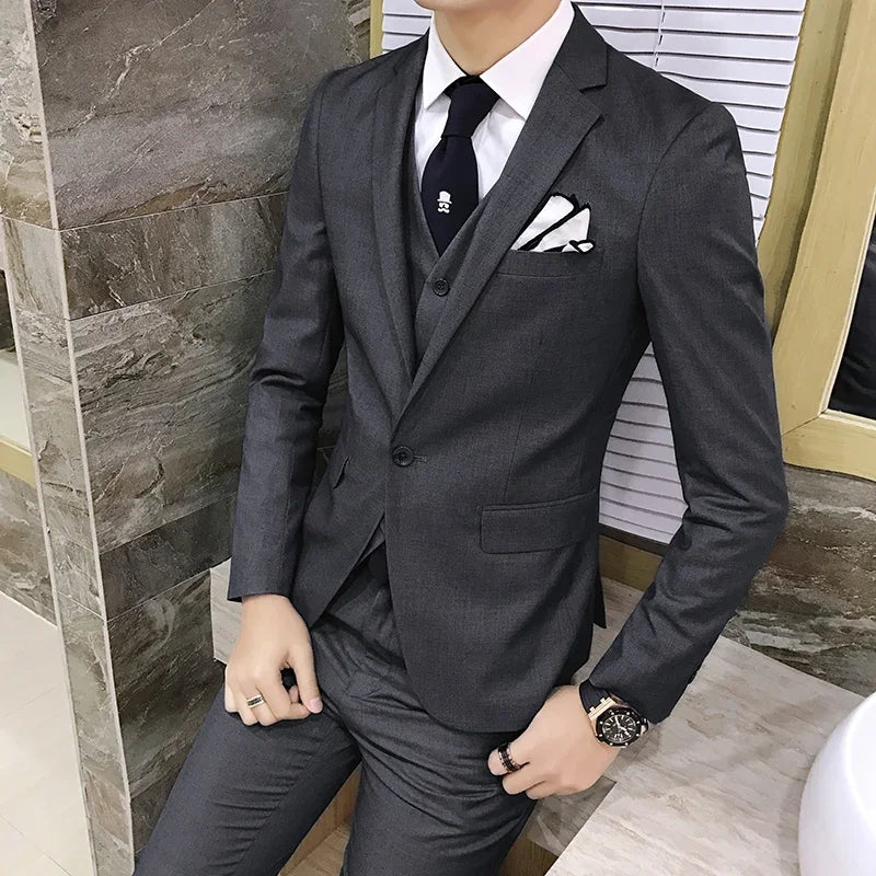 Elegant Man Suit (Blazer+ Vest + Pants) Men's Fashion Business Korean Version Slim-fit Wedding Professional Gentleman Suit S-6XL