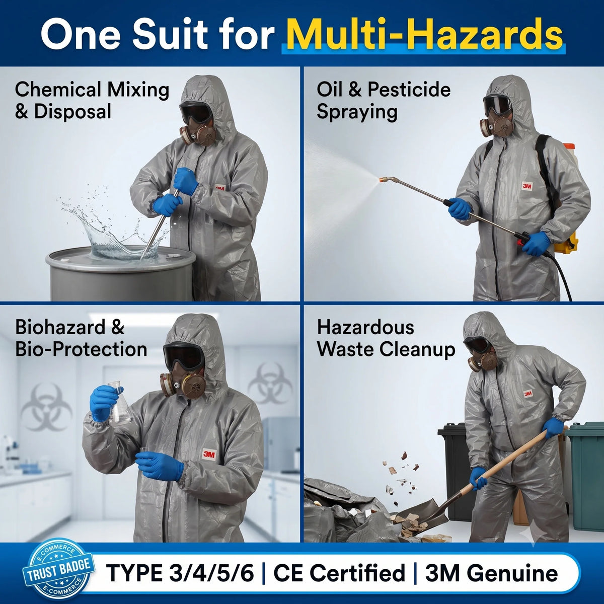 8 of 12 Essential CBRN Survival Items - MUST HAVE: 3M 4570 Protective Coverall Grey Chemical Resistant Suit Type 3/4/5/6 Nuclear Biological HAZMAT Suiting with Hood for Heavy Duty