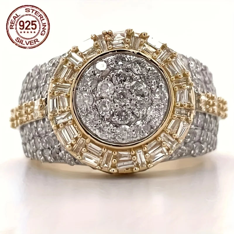 Vintage Luxury S925 Silver Geometric Zircon 18K Gold Plated Men's Engagement Band Hip Hop Rings Business Jewelry