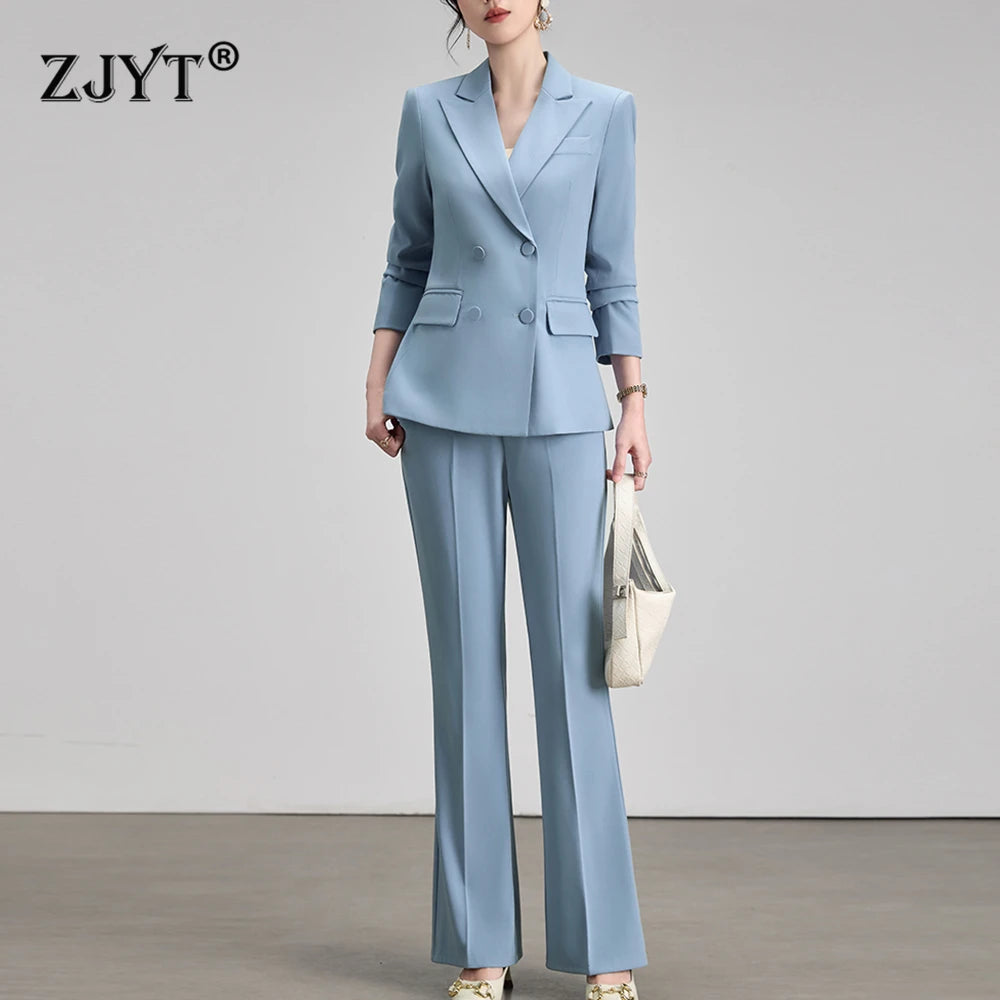 ZJYT Elegant Chic Business Formal Blazer Suit Pants 2 Piece Matching Sets Women 2026 Autumn Office Lady Outfit Blue Work Wear