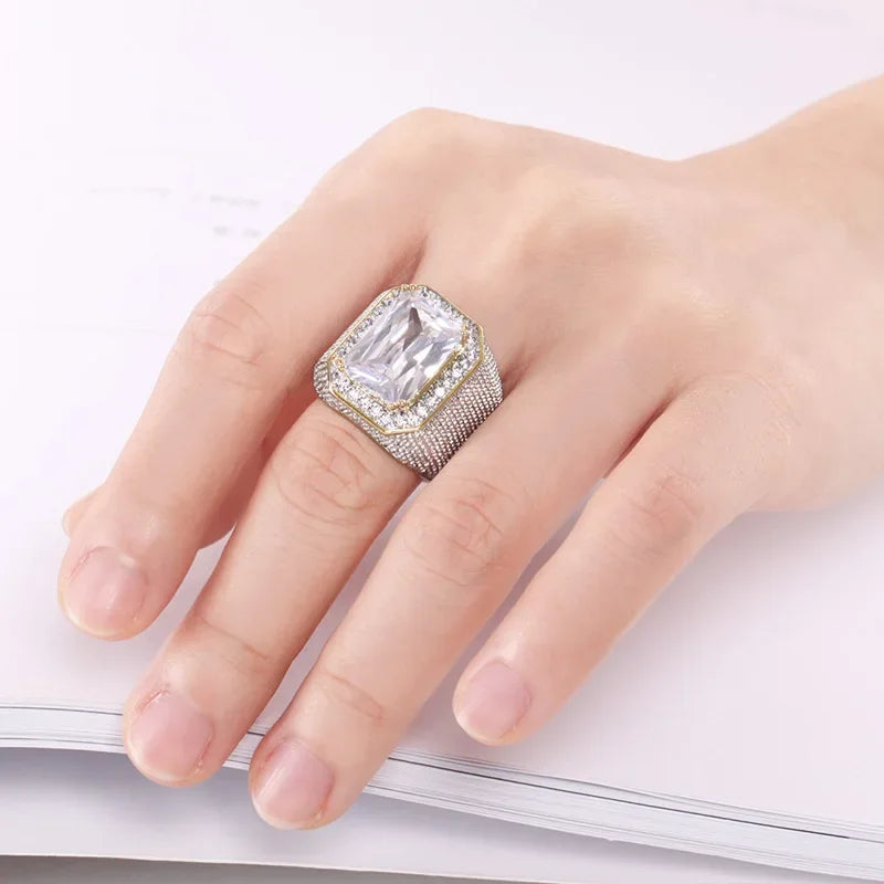 Fashion Rings Square Big Width Signet Rings 14K gold color man Finger Cubic Zirconia Big Stone Men Ring Jewelry anel New