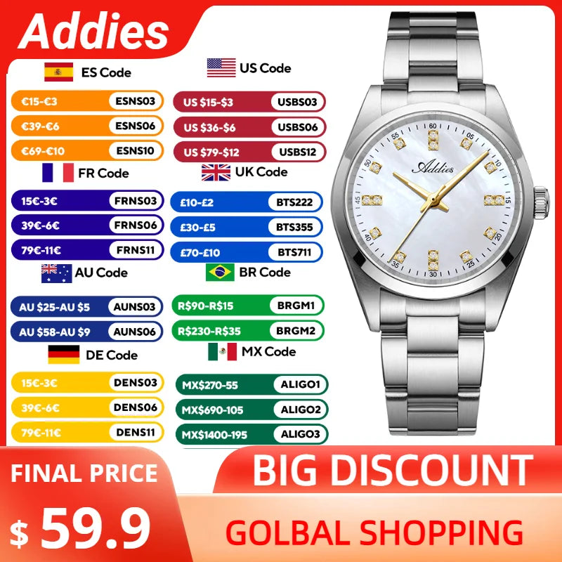 ADDIES Ladies Watch Women 31mm Sapphire Crystal 316L Steel Diamond Dial Japanese Quartz Movement Waterproof Fashion Wristwatch