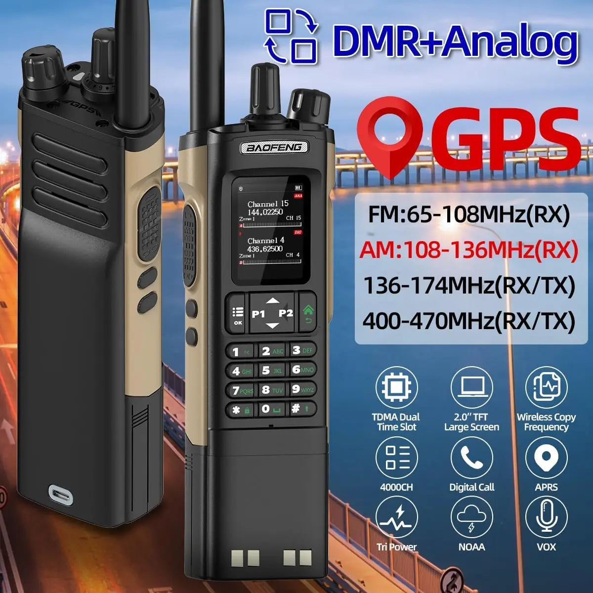 Baofeng DM-32 GPS DMR Digital Analog APRS Walkie Talkie AES256 Encryption Air Band FM AM GMRS Dual Band UHF VHF Radio DM-32UV