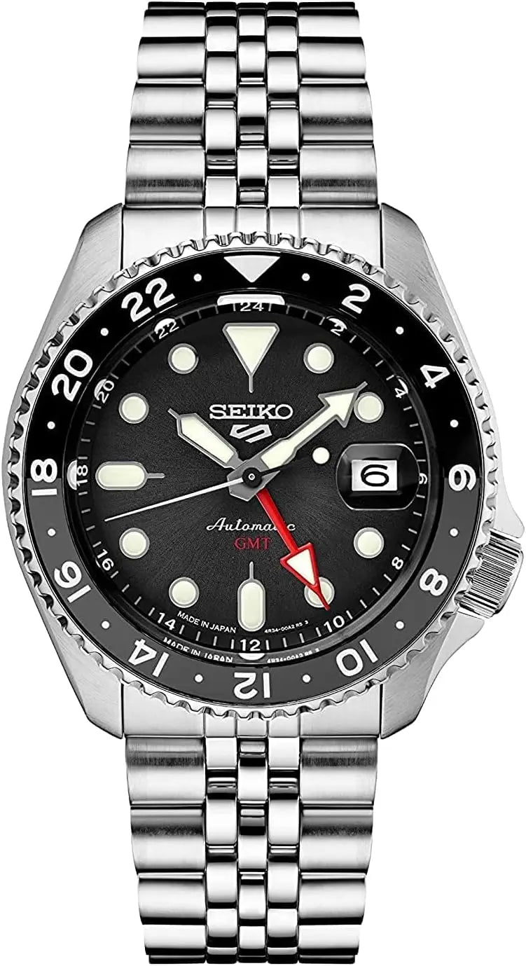 SEIKO 5 Sports SSK001 GMT Automatic Watch 42.5mm Black Dial Two-Tone Bezel Steel Jubilee Bracelet 100M WR LumiBrite 4R34 Caliber
