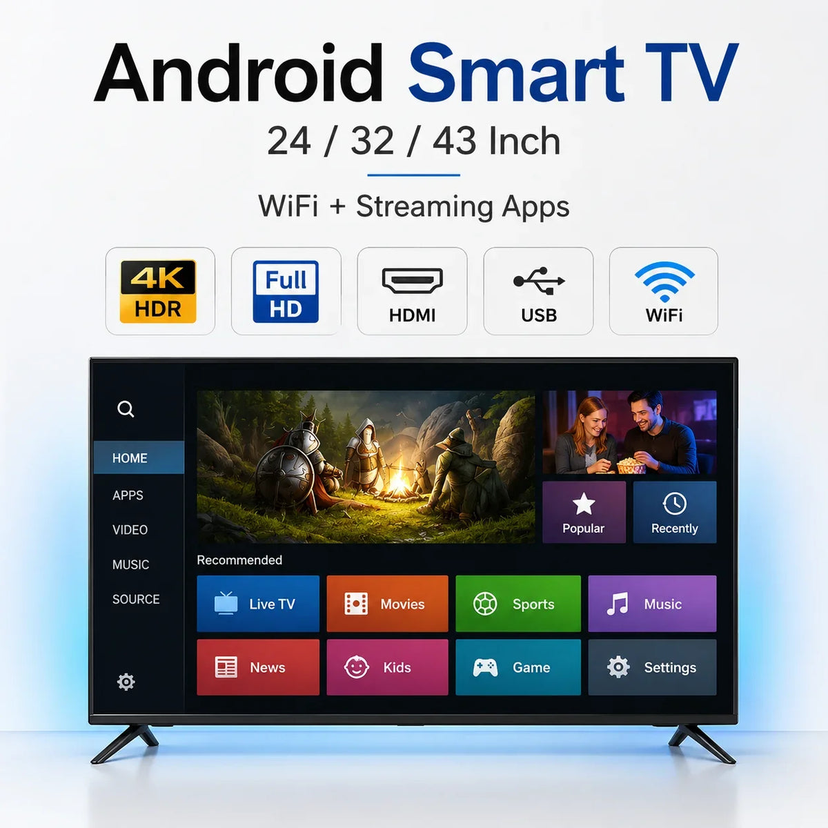 24 32 43 Inch Android Smart TV 4K UHD Full HD LED Television WiFi Streaming Apps HDMI USB HDR Home Hotel KTV TV