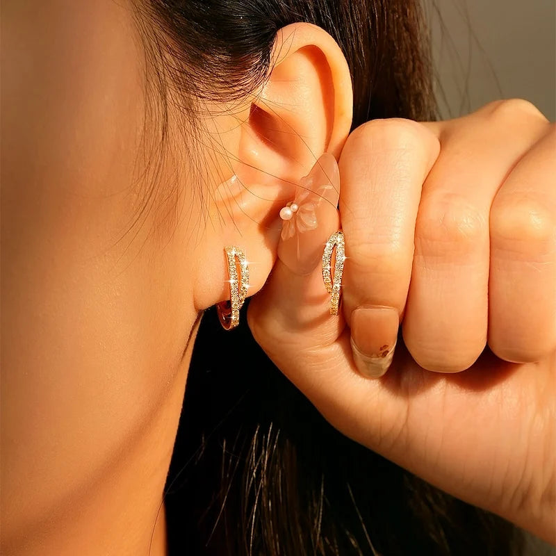 Rrjzz D-Color Lab Created Diamond Huggie Earrings Double-layer Staggered Cross Moissanite Hoop Earrings for Women Jewelry Gifts