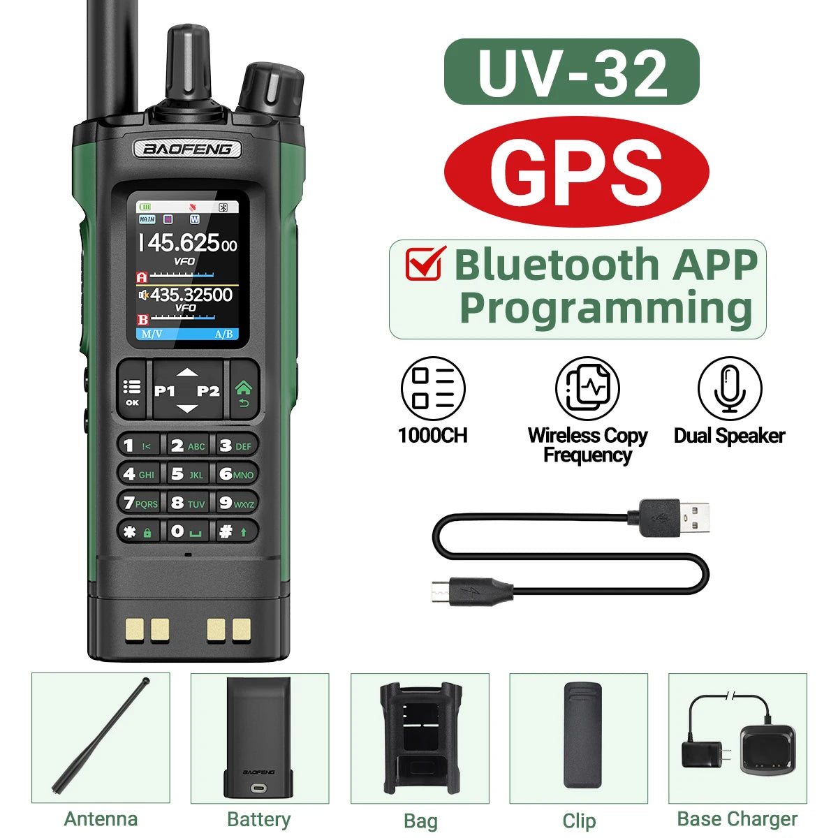 BAOFENG UV-32 GPS Air Band Walkie Talkie Long Range 10W Multi Band Bluetooth Programming Wireless Copy Frequency Two Way Radio