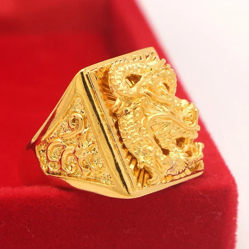 Pure Gold 18 KT Color Ring for Men Bro Luxury Engraving Dragon Adjustable Rings Gentleman Wedding Party Jewelry Gifts