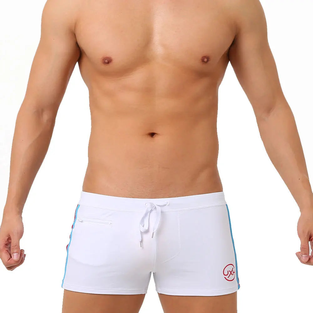 Sexy Swimsuit Beach Quick Drying Trunks Men Swimwear with Zipper Pocket Swimming Boxer Brief Square Leg Bathing Suit Board Short