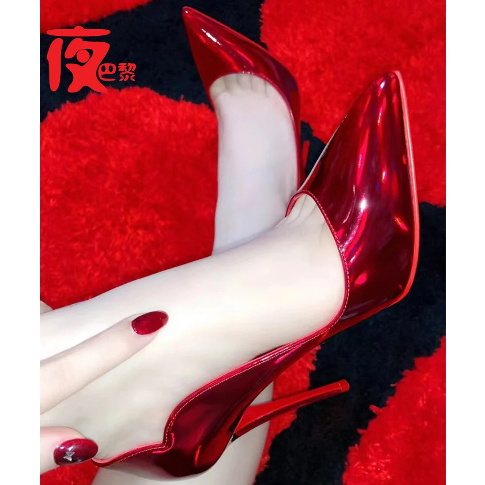 Laser Electric Red High Heels Shallow Mouth Wave Edge Pointed Shoes Sexy 12cm Sexy French Fashion Lady Single Shoes33-46