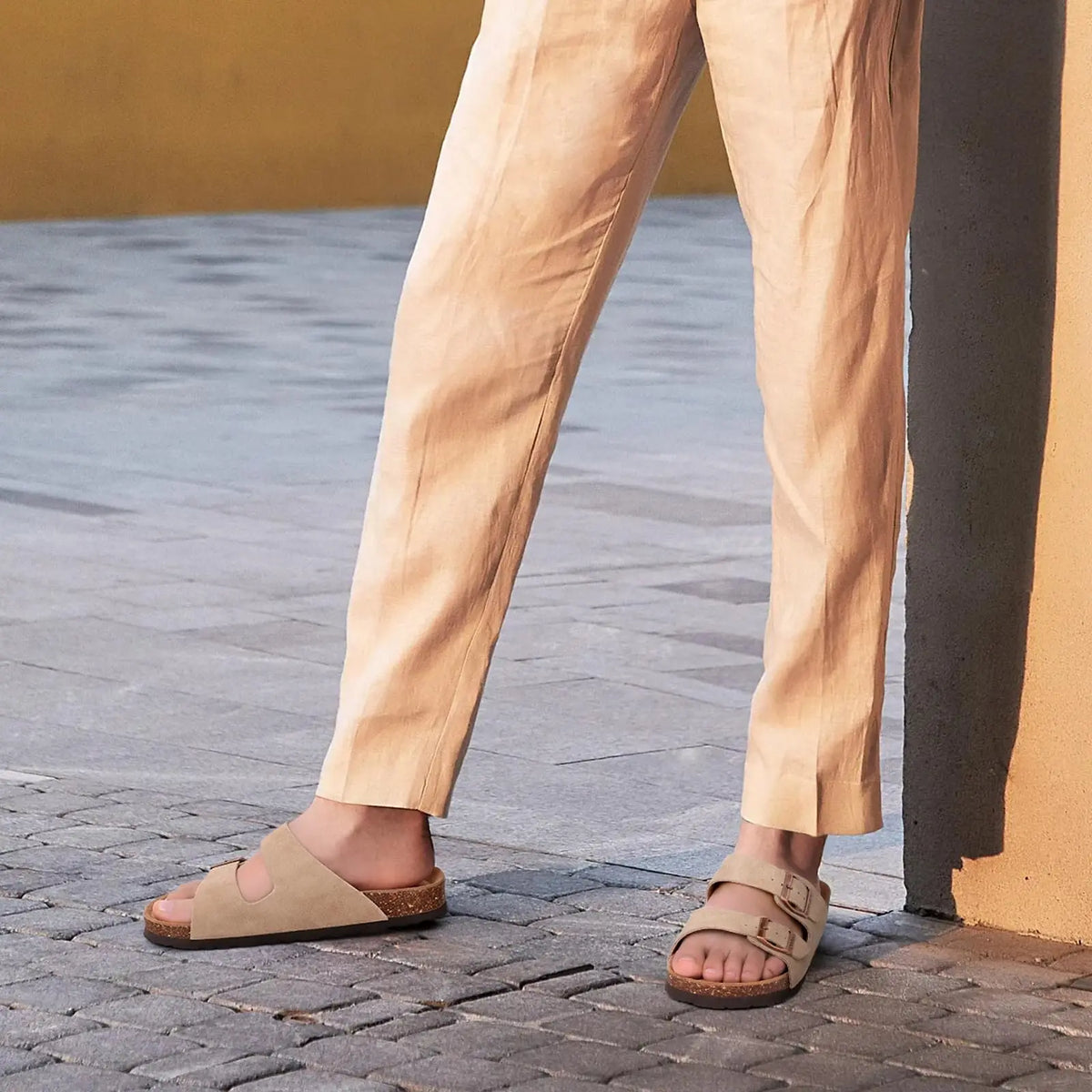 Evshine Leather Cork Footed Clogs Sandals For Women Fashion Flat Mules Slippers with Arch Support Men Double Buckle Cork Slides