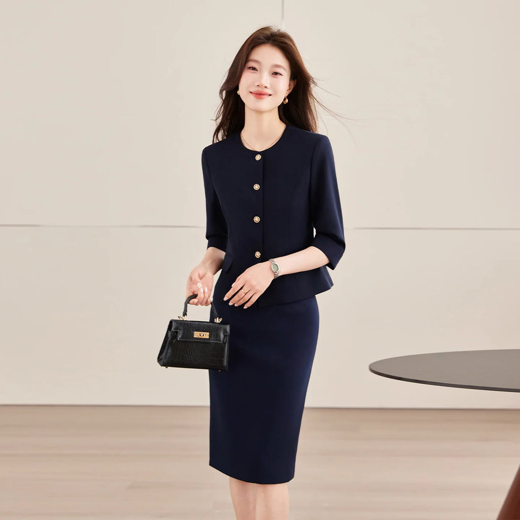 High-End Navy Blue Women's Two-Piece Suit Set Mid-Sleeve round Neck Casual Outfit for Lawyers Teachers Business Summer 2026