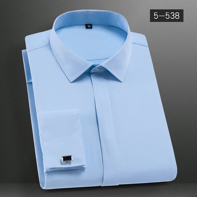 Men's French Cuff Dress Shirts Formal Business Luxury Long Sleeve Cotton for Wedding Office Executive  Sleeve Wedding Party Gift