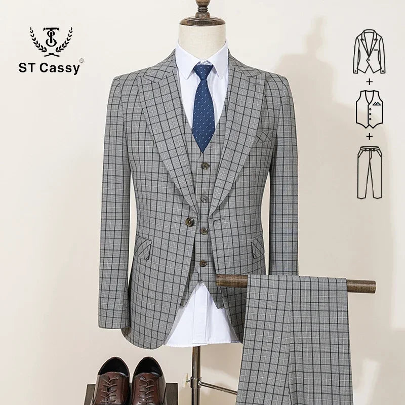 ST Cassy High Quality Khaki Plaid Suit Formal Business Office Men's Suits Fashionable and Casual Evening Gown