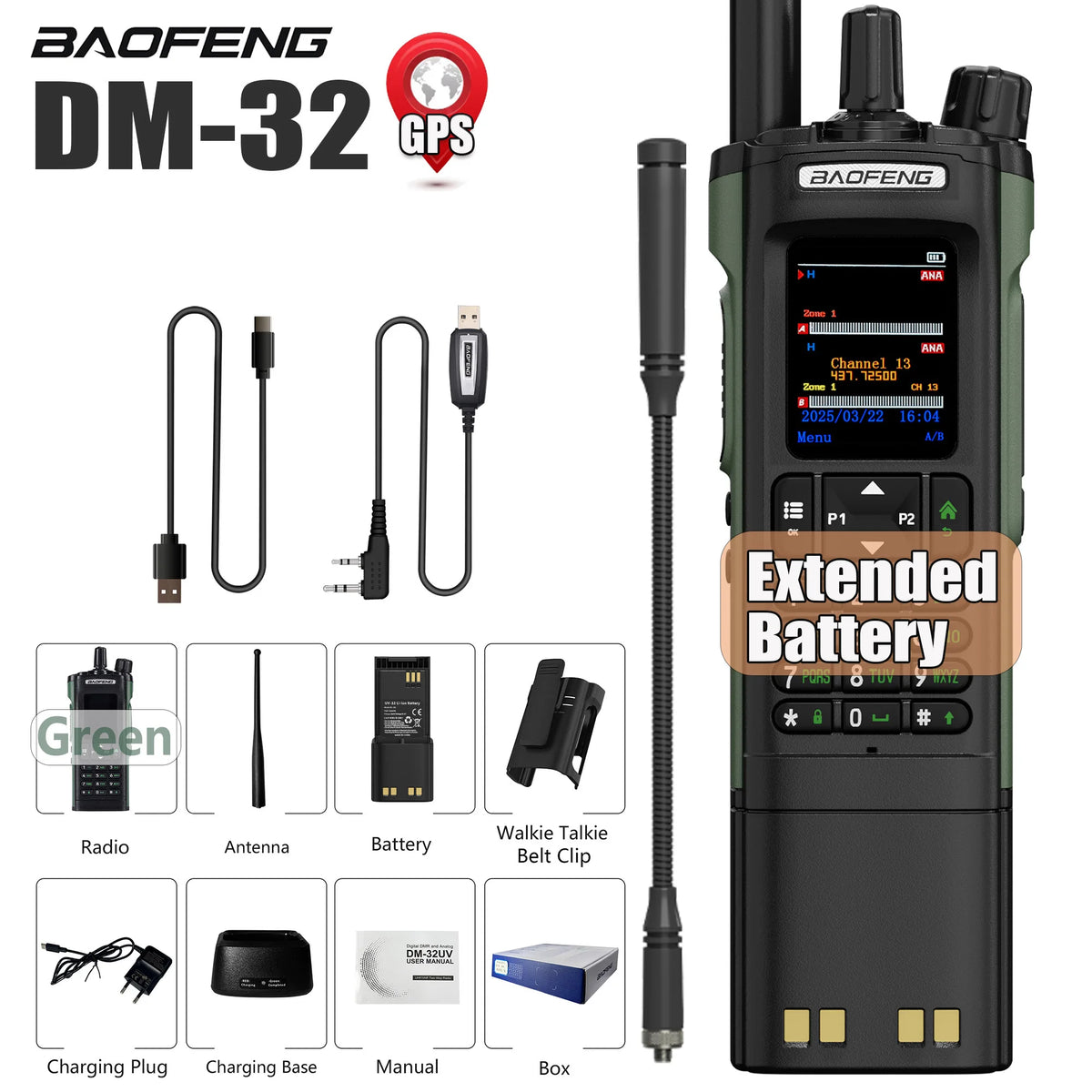 BAOFENG DM-32 DM32 Extended Battery 10W DMR Ham 2 Way Radio GPS Matching Writing Frequency Satellite Positioning USB C Belt Clip