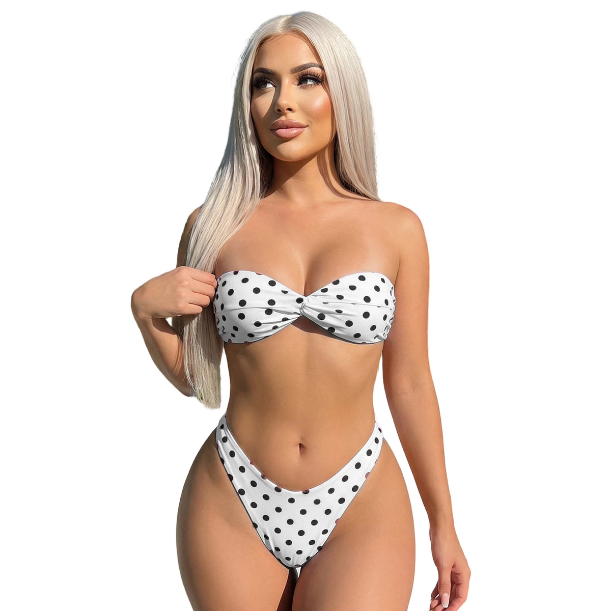 Women Bandeau Bikini Set, Solid/Dots Print Sleeveless Bra with Low Waist Briefs Bathing Suit Summer Swimsuit Brazilian Swimwear