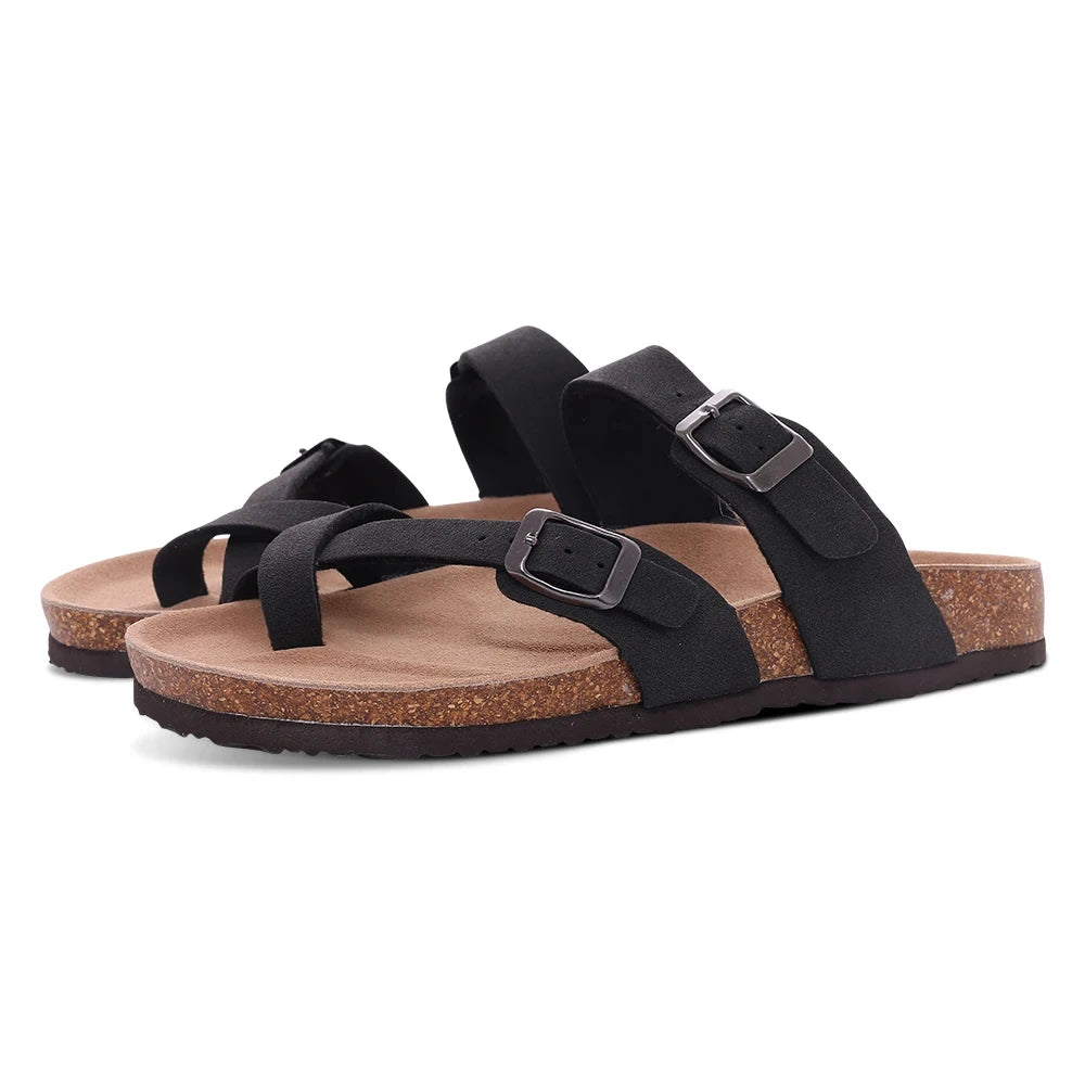 Evshine Leather Cork Footed Clogs Sandals For Women Fashion Flat Mules Slippers with Arch Support Men Double Buckle Cork Slides