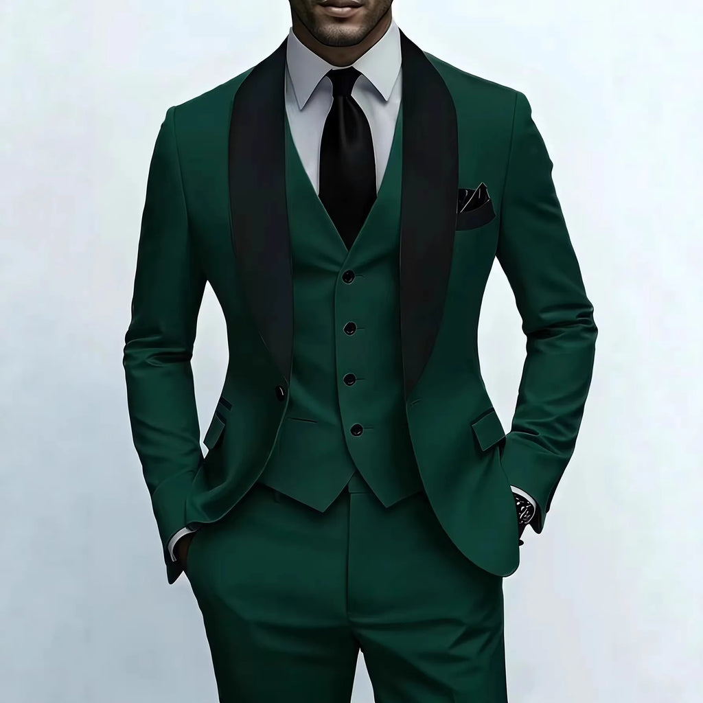Men'S Green Leaf Collar Three-piece Formal Suit | Contrasting Color Design, Tailored Fit, Includes Vest, Shirt, Pants, Suitable