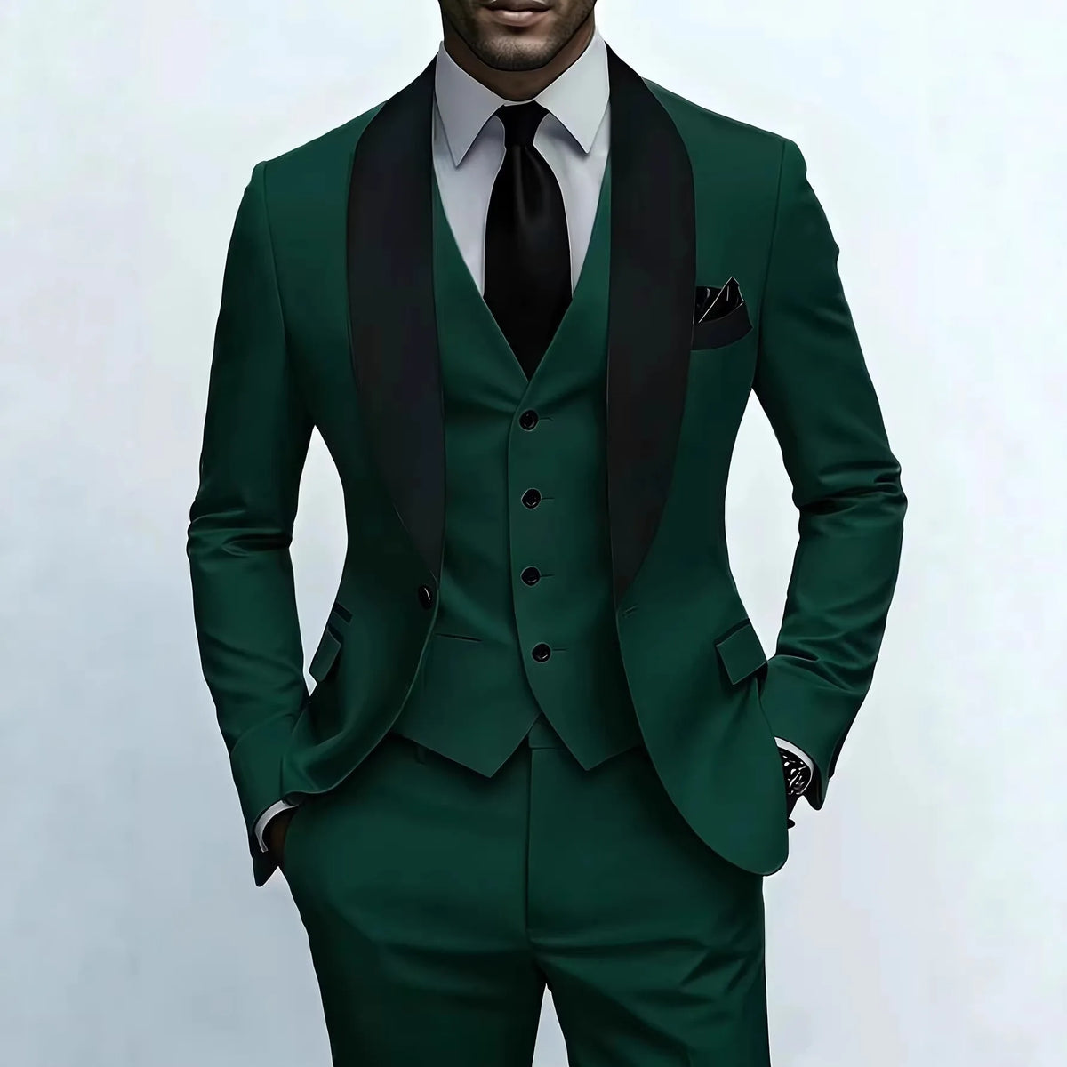 Men'S Green Leaf Collar Three-piece Formal Suit | Contrasting Color Design, Tailored Fit, Includes Vest, Shirt, Pants, Suitable