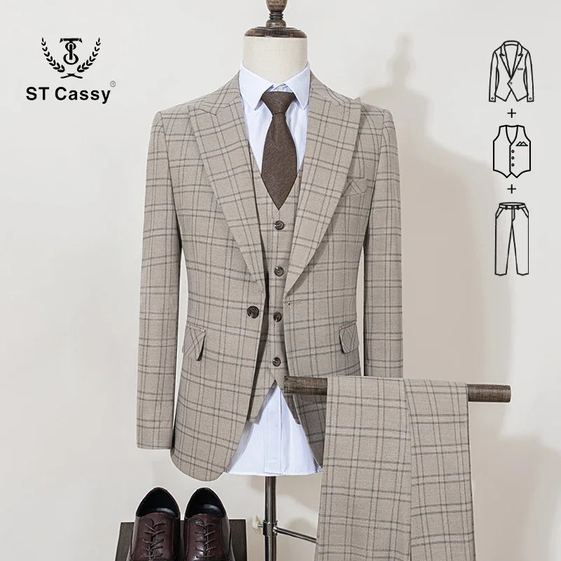 ST Cassy High Quality Khaki Plaid Suit Formal Business Office Men's Suits Fashionable and Casual Evening Gown