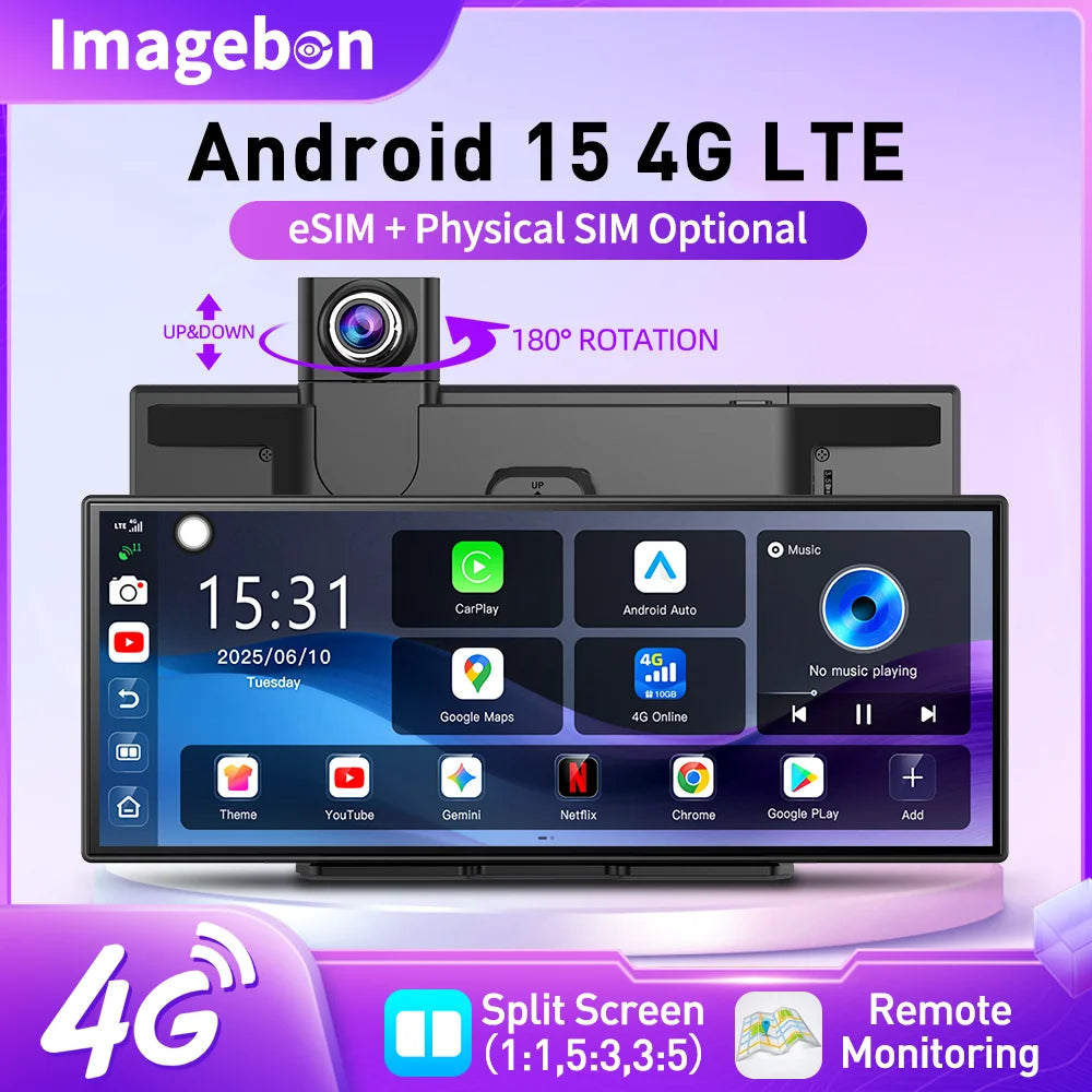 Imagebon M80 11.4' 4G Android 15 Dashcam Wireless CarPlay Android Auto 8-Core GPS Split Screen Parking Monitor ESIM Car Stereo