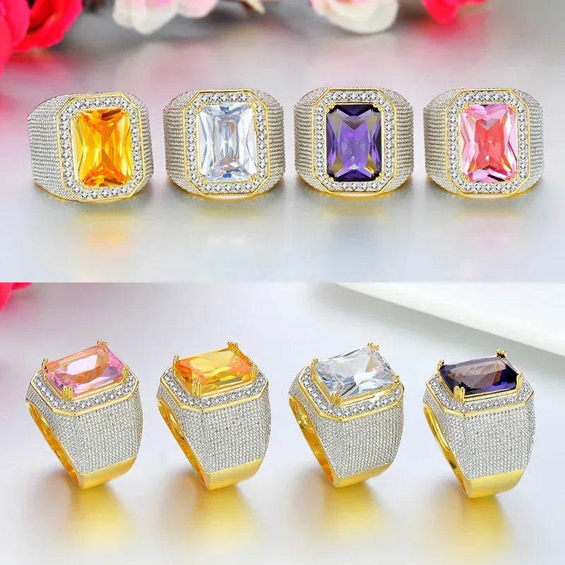 Fashion Rings Square Big Width Signet Rings 14K gold color man Finger Cubic Zirconia Big Stone Men Ring Jewelry anel New