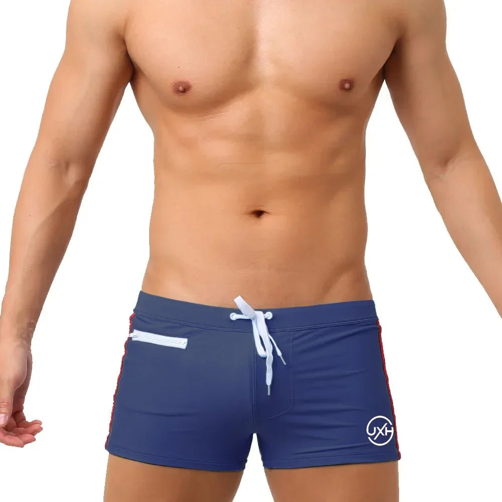 Sexy Swimsuit Beach Quick Drying Trunks Men Swimwear with Zipper Pocket Swimming Boxer Brief Square Leg Bathing Suit Board Short