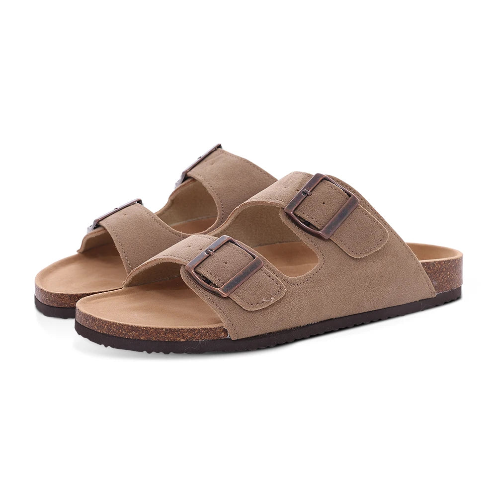 Evshine Leather Cork Footed Clogs Sandals For Women Fashion Flat Mules Slippers with Arch Support Men Double Buckle Cork Slides