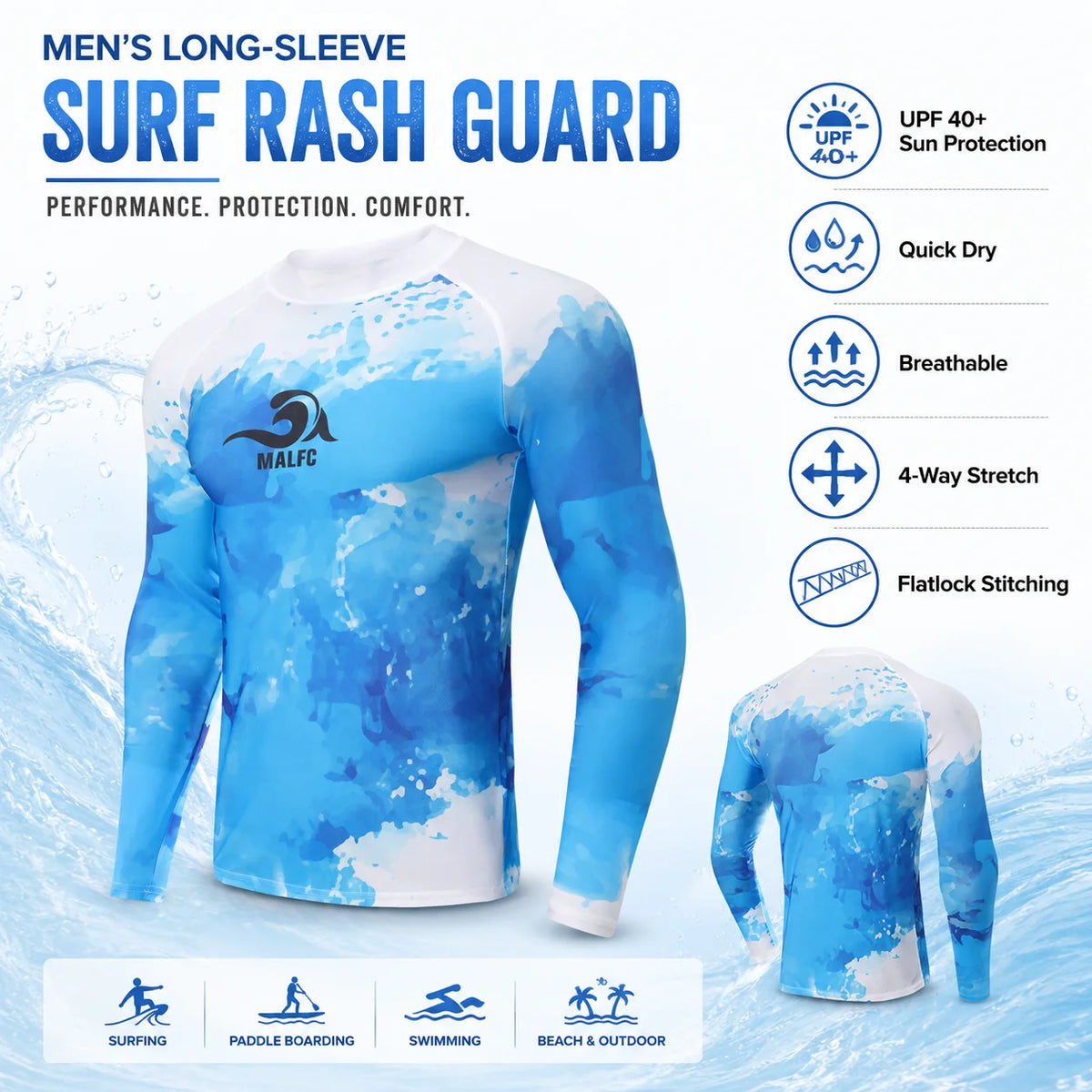 MALFC Long Sleeve T-shirt Swimwear Rash guard for men Surfing Clothes Swimsuit Surf Wear UPF 40 Water Sport