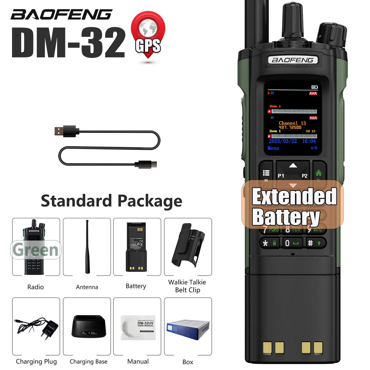 BAOFENG DM-32 DM32 Extended Battery 10W DMR Ham 2 Way Radio GPS Matching Writing Frequency Satellite Positioning USB C Belt Clip