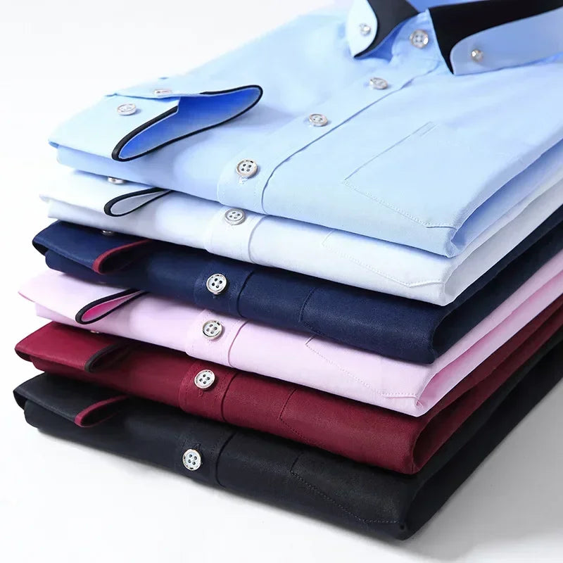 Spring and Autumn New Men's Contrasting Collar Elastic Long Sleeve Shirt Business Casual Comfort No-Iron Shirt Youth Solid Color