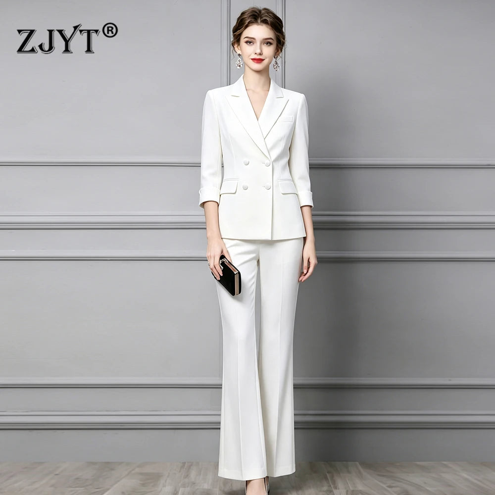 ZJYT Elegant Chic Business Formal Blazer Suit Pants 2 Piece Matching Sets Women 2026 Autumn Office Lady Outfit Blue Work Wear