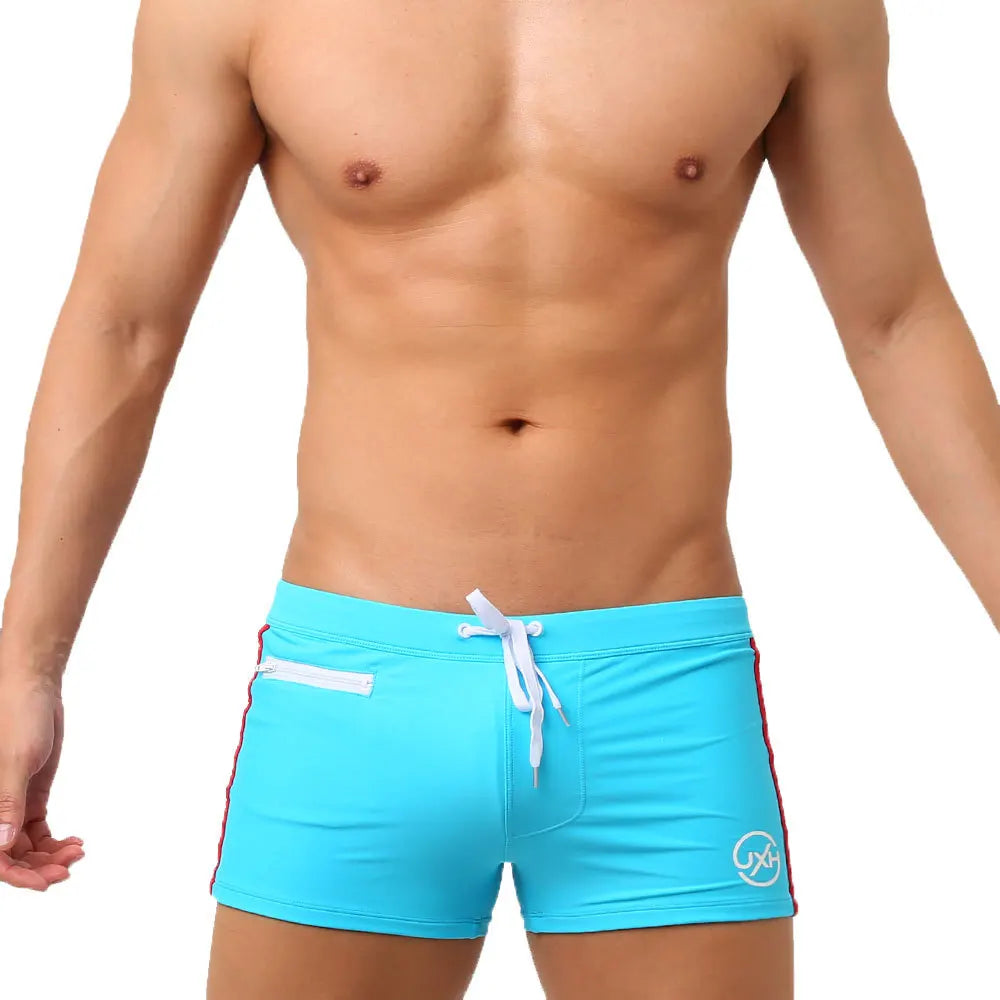 Sexy Swimsuit Beach Quick Drying Trunks Men Swimwear with Zipper Pocket Swimming Boxer Brief Square Leg Bathing Suit Board Short