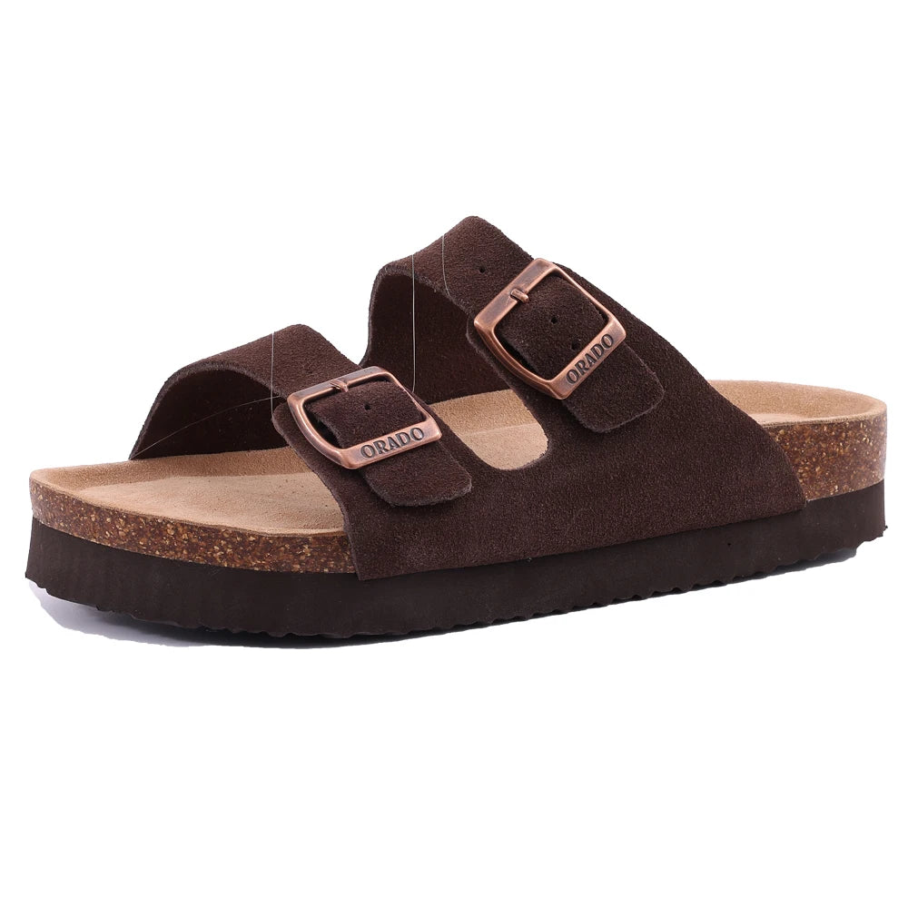 Evshine Leather Cork Footed Clogs Sandals For Women Fashion Flat Mules Slippers with Arch Support Men Double Buckle Cork Slides